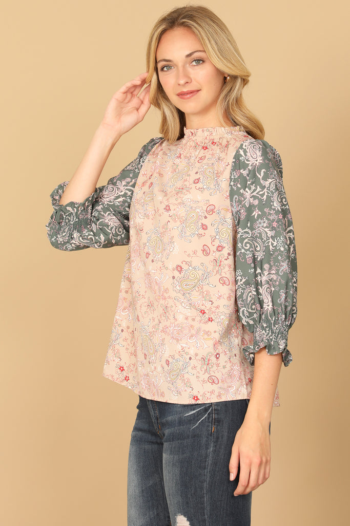 PAISLEY SMOCKED HALF SLEEVE CONTRAST TOP