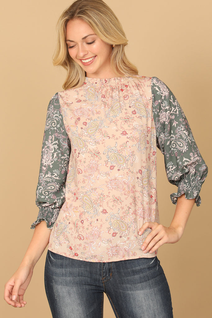 PAISLEY SMOCKED HALF SLEEVE CONTRAST TOP