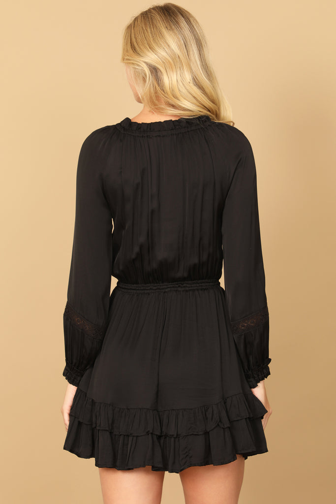 LONG SLEEVE PLEATED FRONT RUFFLE HEM MINI DRESS