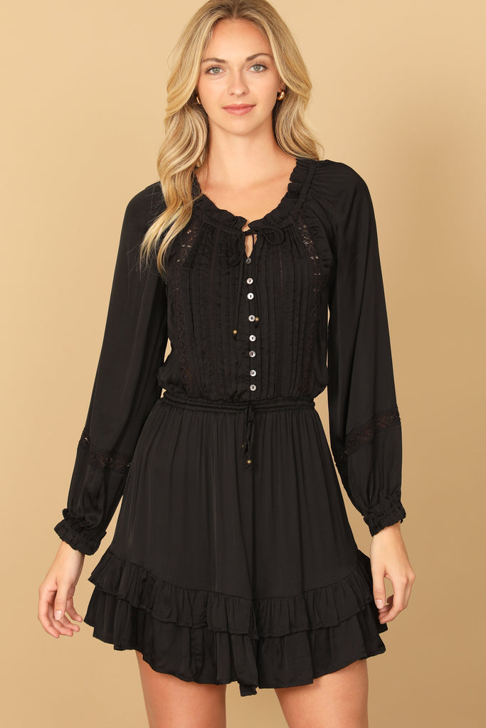 LONG SLEEVE PLEATED FRONT RUFFLE HEM MINI DRESS