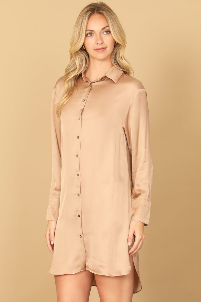 LONG SLEEVE COLLARED BUTTON DOWN CURVE HEM DRESS