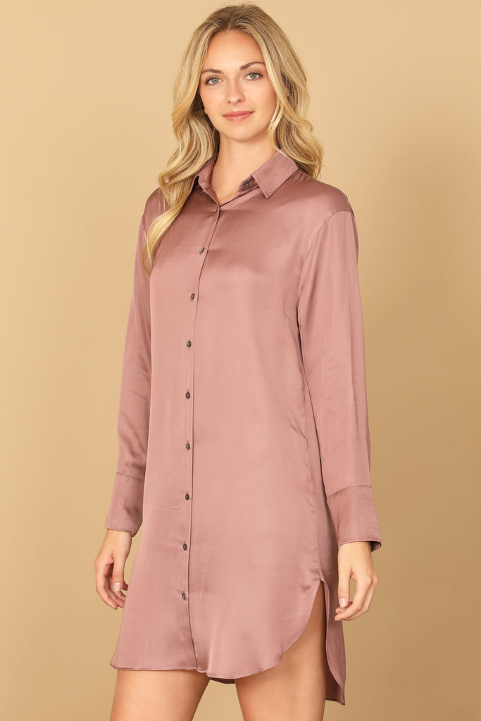 LONG SLEEVE COLLARED BUTTON DOWN CURVE HEM DRESS