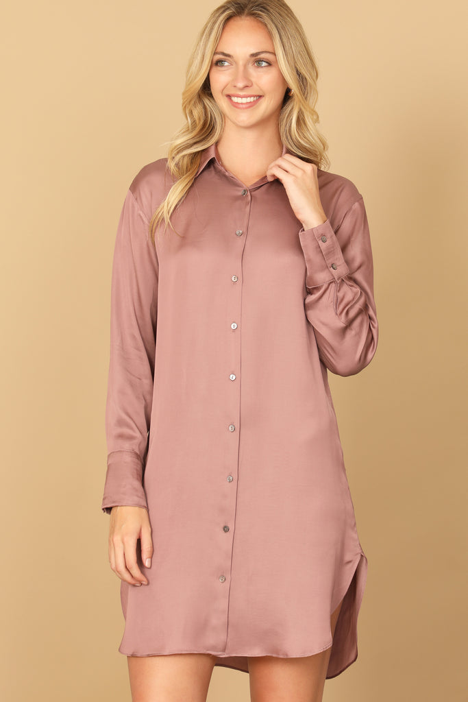 LONG SLEEVE COLLARED BUTTON DOWN CURVE HEM DRESS