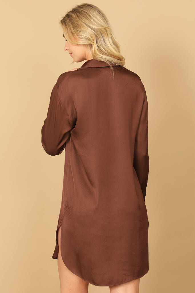 LONG SLEEVE COLLARED BUTTON DOWN CURVE HEM DRESS