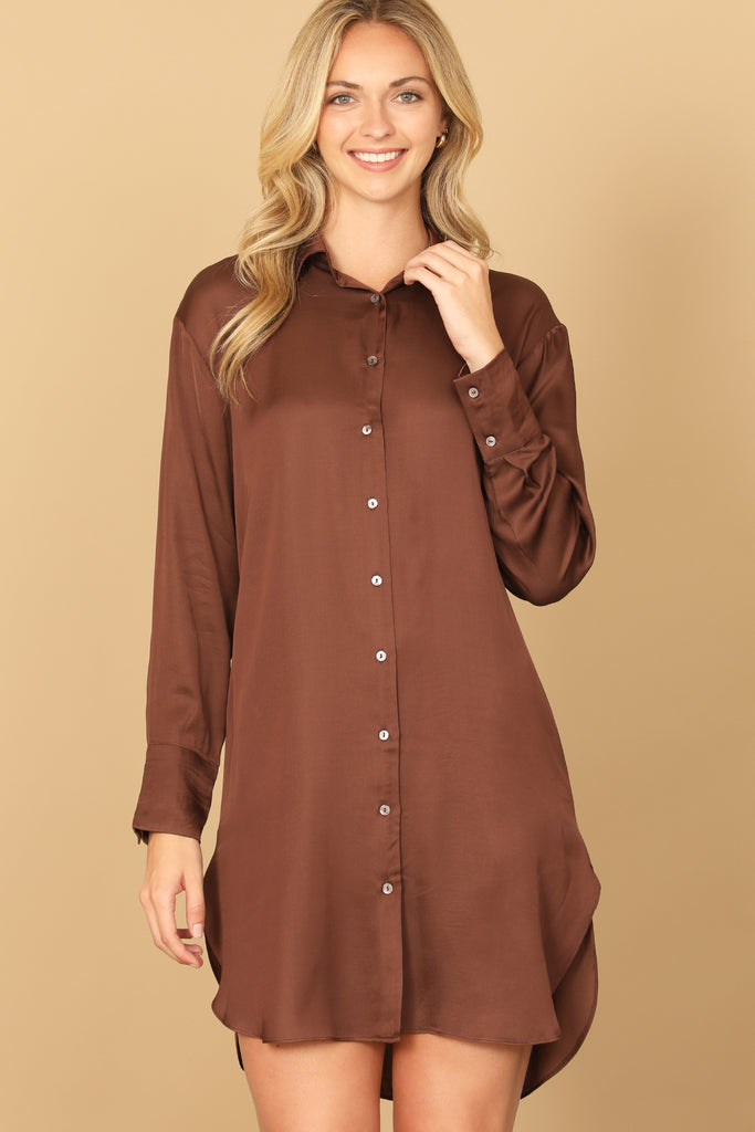 LONG SLEEVE COLLARED BUTTON DOWN CURVE HEM DRESS