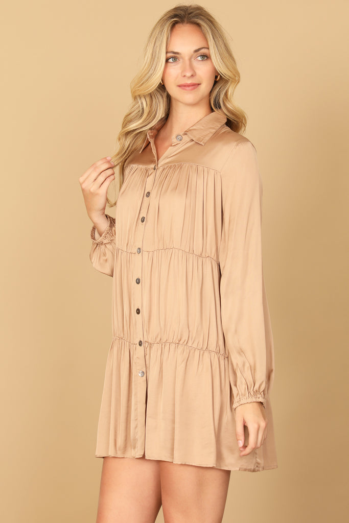 COLLARED LONG SLEEVE PLEATED DETAIL SOLID DRESS