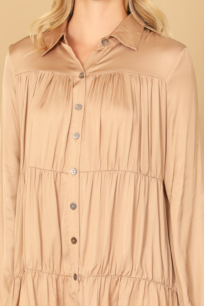 COLLARED LONG SLEEVE PLEATED DETAIL SOLID DRESS