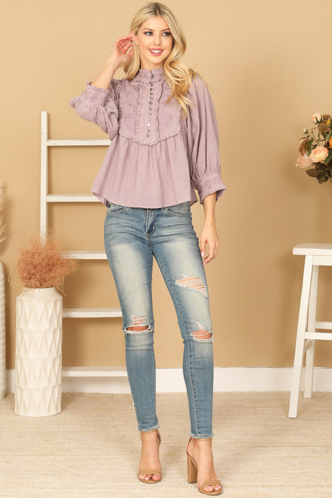 BIB NECK FLORAL PATCH PUFF SLEEVE SOLID TOP