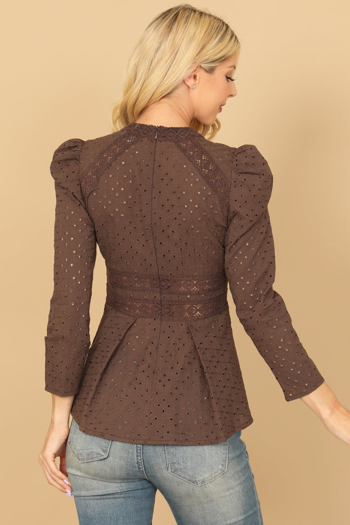 EYELET LONG PUFF SLEEVE TOP