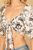 PUFF SLEEVE KNOT DETAIL PRINTED BRALLETE TOP