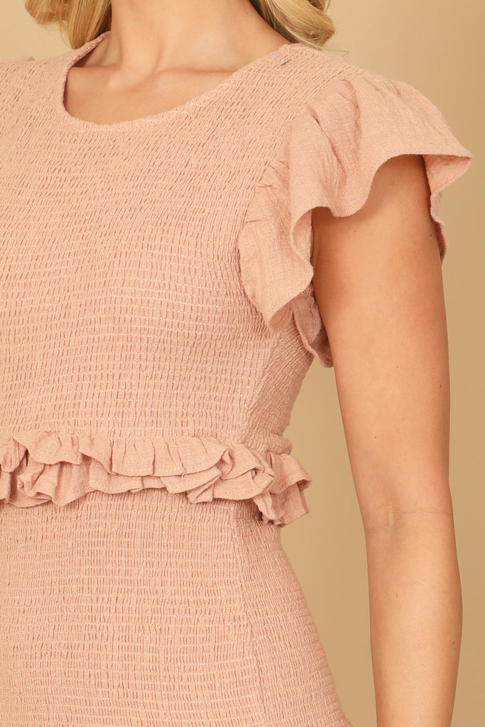 RUFFLE DETAIL SHIRRING MINI DRESS