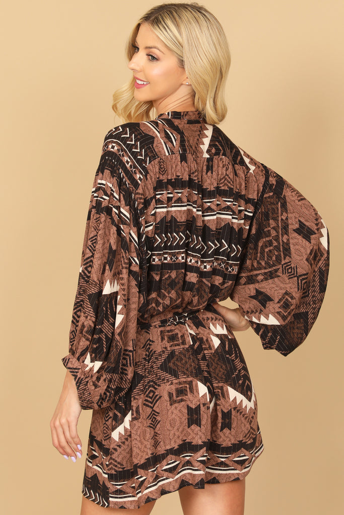 RIBBON NECK PUFF SLEEVE WAIST TIE PRINTED ROMPER