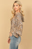 DEEP NECK FLOUNCE SLEEVE RIBBON BACK LEOPARD BODYSUIT