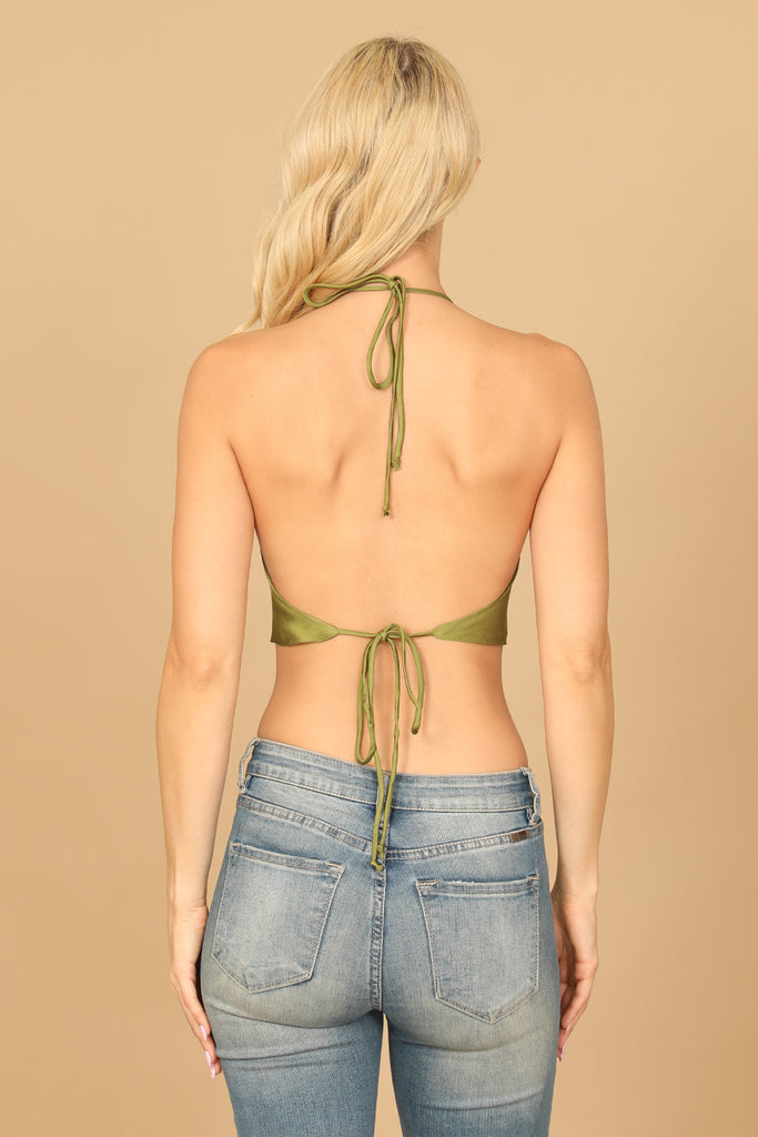 COWL NECK TIE BACK SATINY CROP TOP