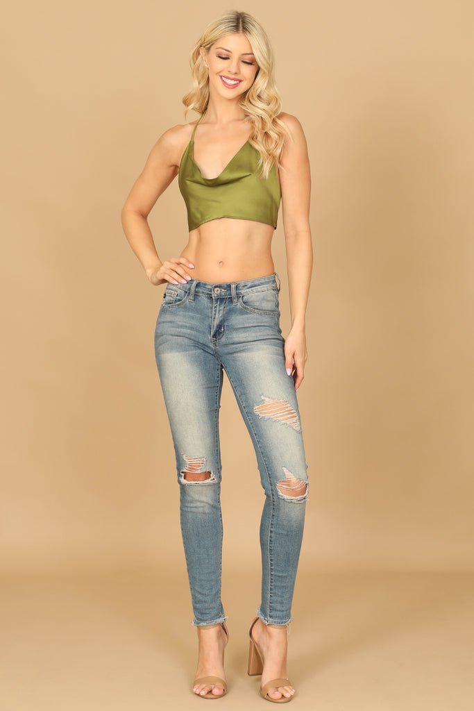 COWL NECK TIE BACK SATINY CROP TOP