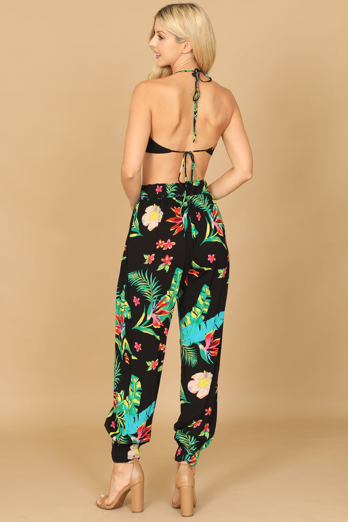 COWL NECK SPAGHETTI STRAP TROPICAL CROP TOP & PANTS SET