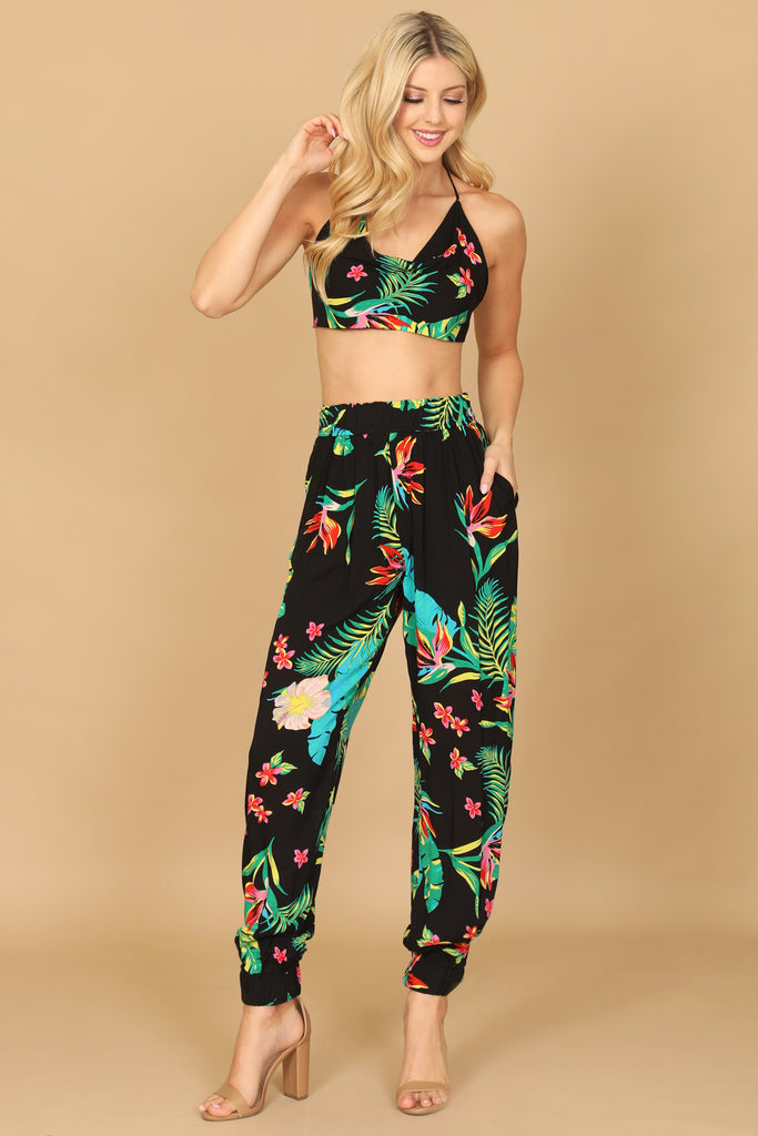 COWL NECK SPAGHETTI STRAP TROPICAL CROP TOP & PANTS SET