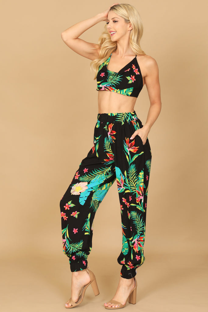 COWL NECK SPAGHETTI STRAP TROPICAL CROP TOP & PANTS SET