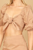 PUFF SLEEVE KNOT FRONT SOLID CROP TOP & SKIRT SET