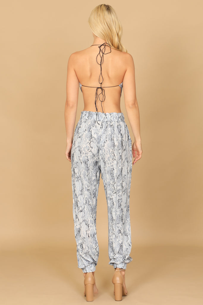 COWL NECK HALTER SNAKE PRINT TOP & PANTS SET