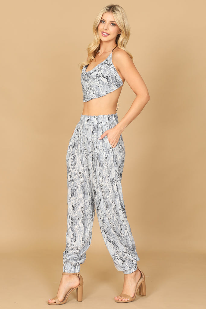 COWL NECK HALTER SNAKE PRINT TOP & PANTS SET