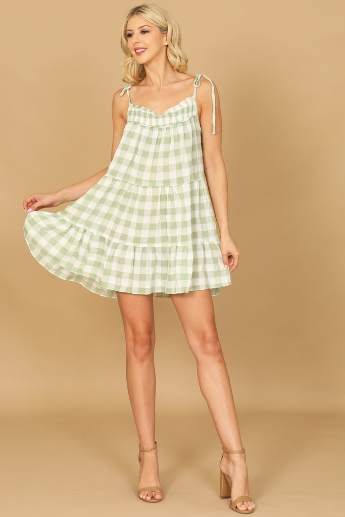 PLAID TIE STRAP TIERED MINI DRESS