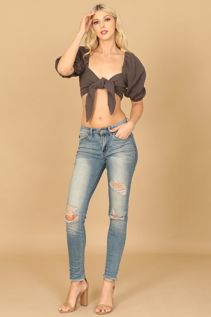 PUFF SLEEVE FRONT KNOT CROP TOP