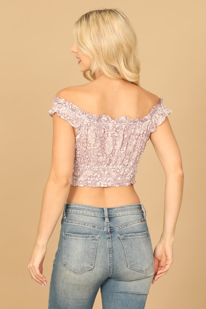 RUFFLE OFF-SHOULDER PAISLEY CROP TOP