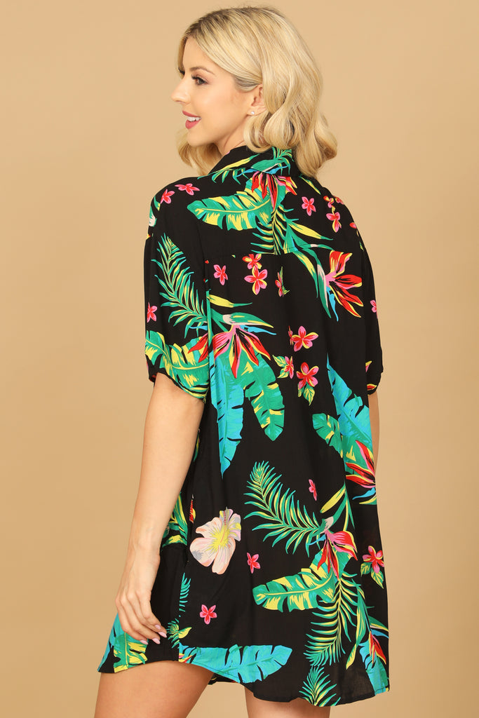 TROPICAL HALF SLEEVE BUTTON DOWN DRESS