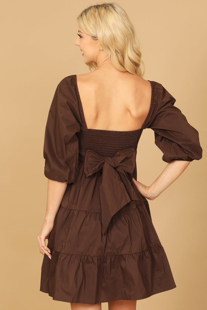 PUFF SLEEVE SQUARE NECK SOLID TIERED DRESS