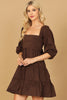 PUFF SLEEVE SQUARE NECK SOLID TIERED DRESS