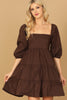 PUFF SLEEVE SQUARE NECK SOLID TIERED DRESS