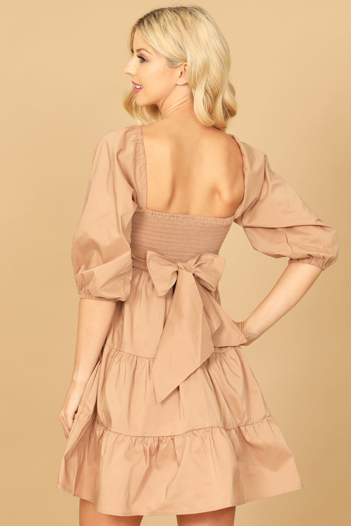 PUFF SLEEVE SQUARE NECK SOLID TIERED DRESS