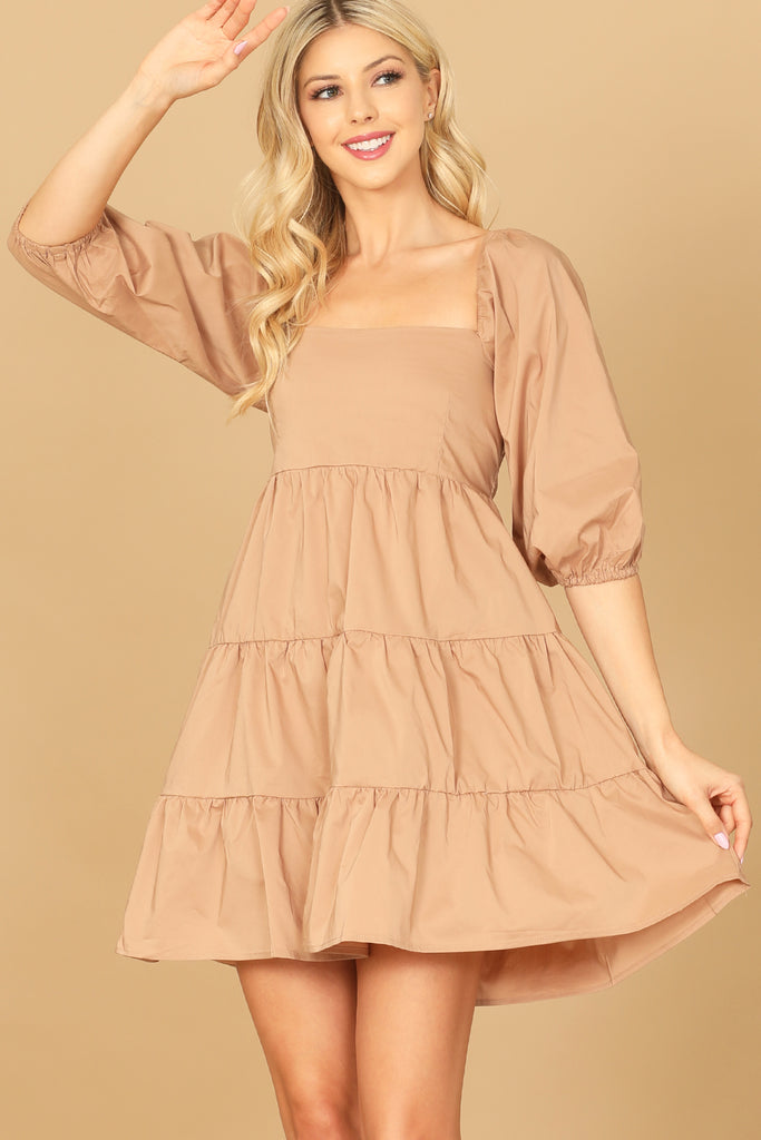 PUFF SLEEVE SQUARE NECK SOLID TIERED DRESS