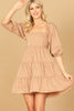 PUFF SLEEVE SQUARE NECK SOLID TIERED DRESS