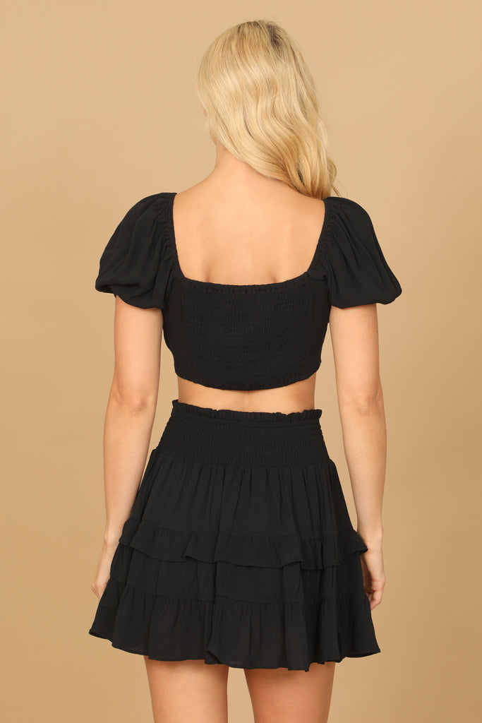 PUFF SLEEVE FRONT CUT-OUT CROP TOP RUFFLE SKIRT