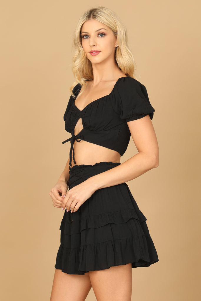 PUFF SLEEVE FRONT CUT-OUT CROP TOP RUFFLE SKIRT