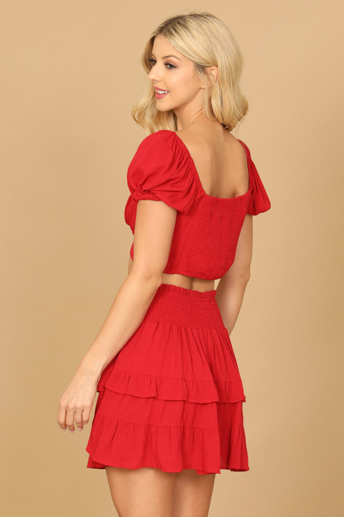 PUFF SLEEVE FRONT CUT-OUT CROP TOP RUFFLE SKIRT