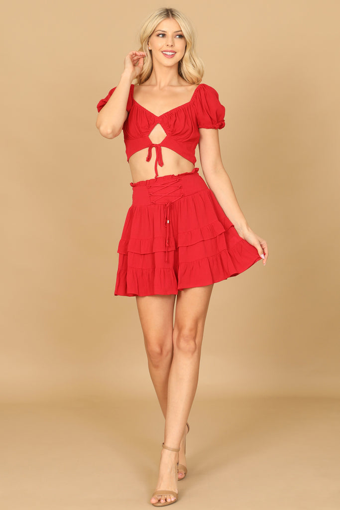 PUFF SLEEVE FRONT CUT-OUT CROP TOP RUFFLE SKIRT