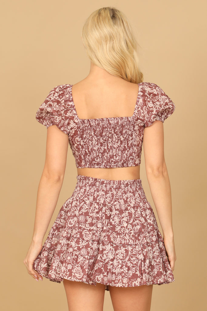 PUFF SLEEVE FRONT CUT-OUT PRINTED TOP RUFFLE SKIRT