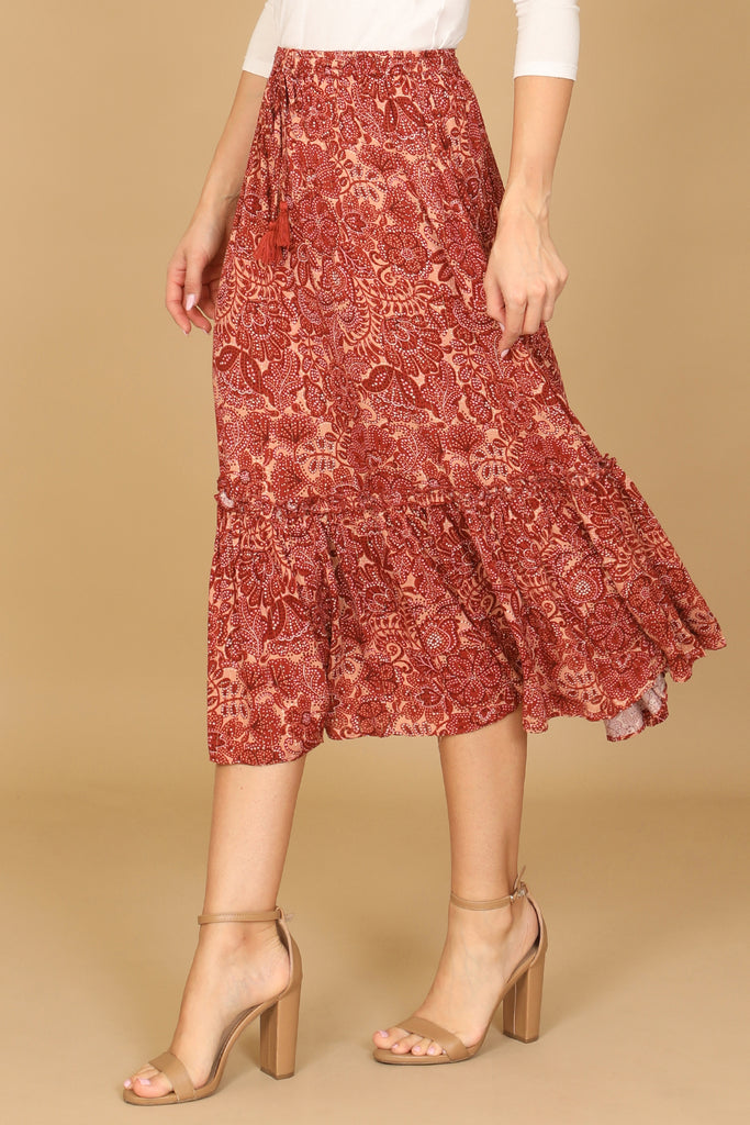 RUFFLE TIERED PRINTED MIDI SKIRT