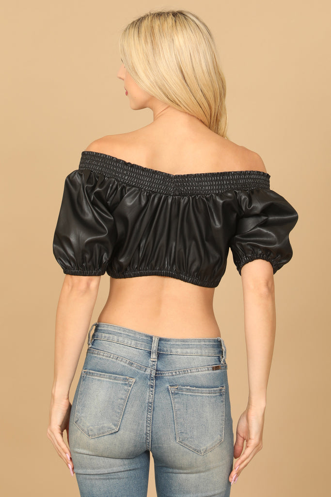 LEATHER OFF-SHOULDER CROP TOP