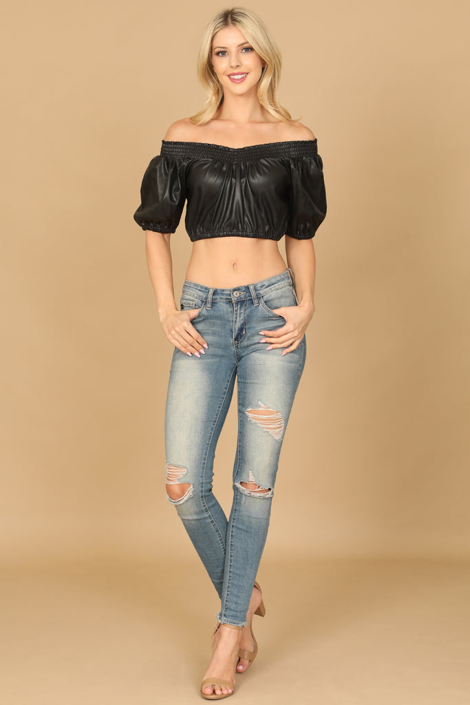 LEATHER OFF-SHOULDER CROP TOP