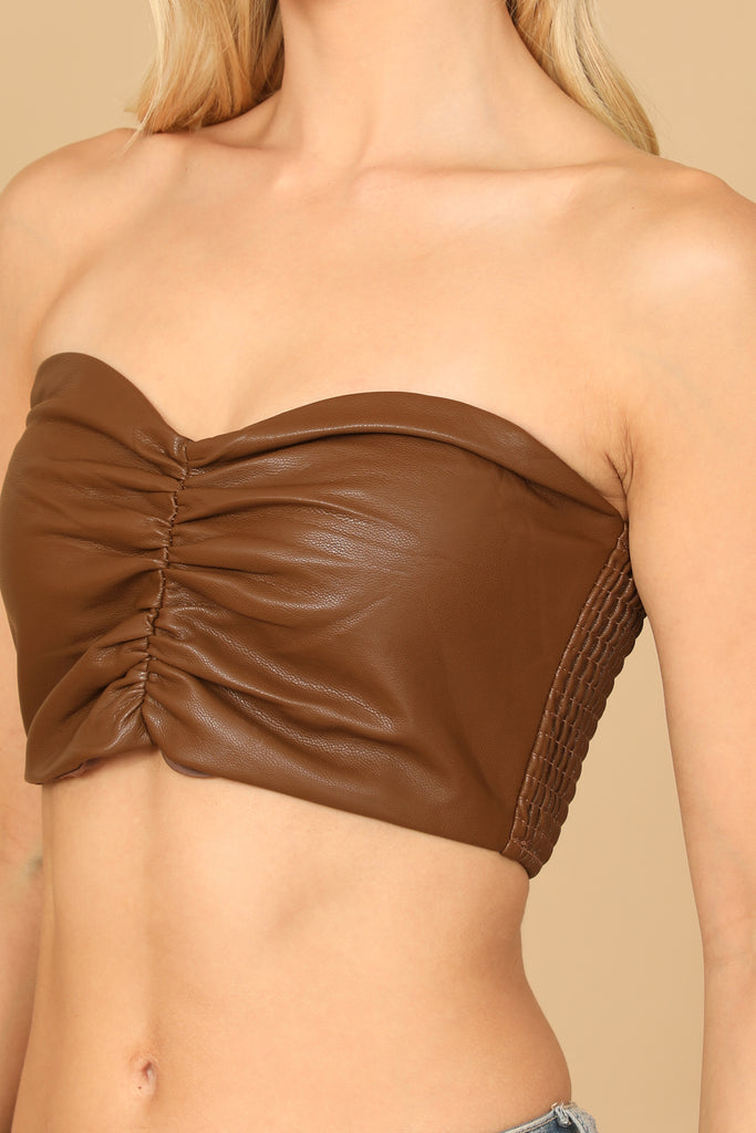 FAUX LEATHER RUCHED STRAPLESS CROP TOP