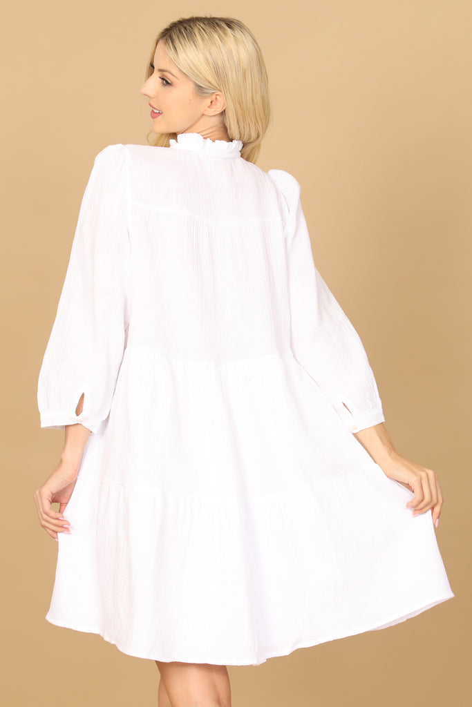 LONG PUFF SLEEVE KEYHOLE TIE TIERED DRESS