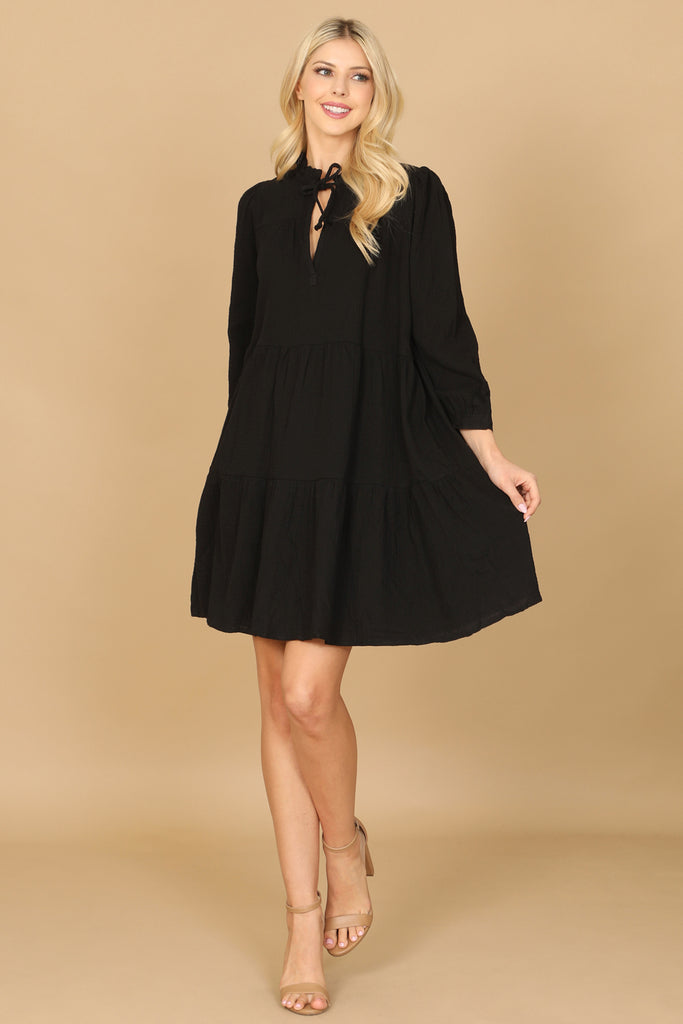 LONG PUFF SLEEVE KEYHOLE TIE TIERED DRESS