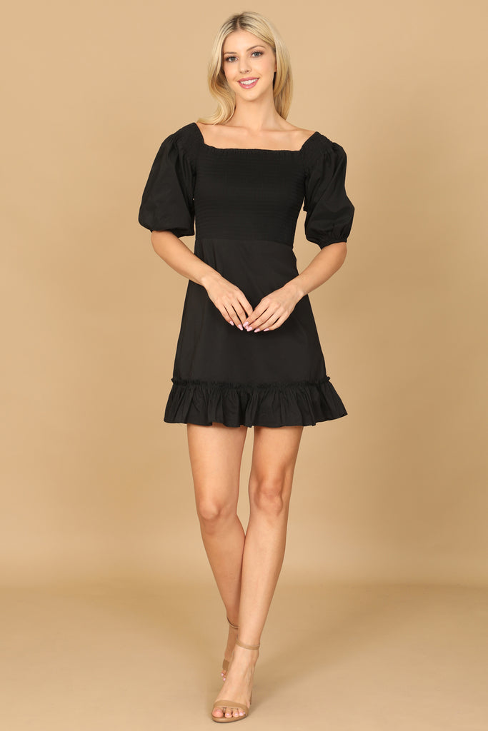 PUFF SLEEVE SMOCKED RUFFLE HEM SOLID DRESS