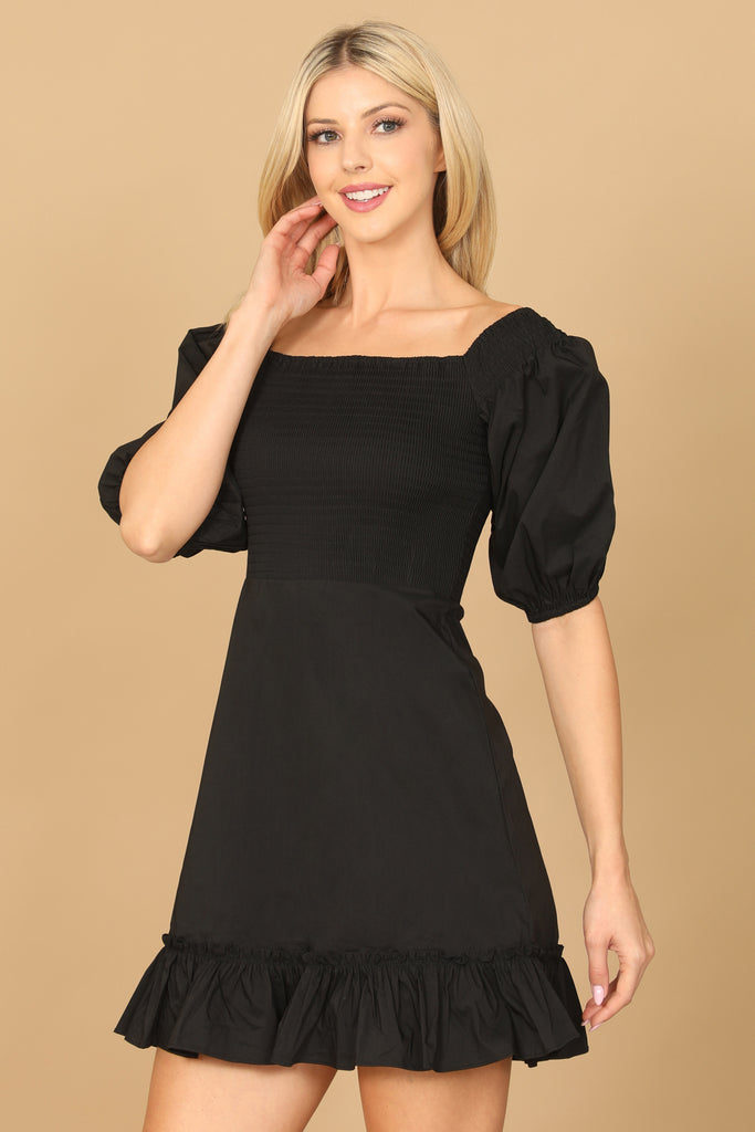 PUFF SLEEVE SMOCKED RUFFLE HEM SOLID DRESS