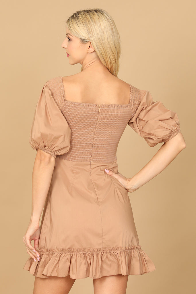 PUFF SLEEVE SMOCKED RUFFLE HEM SOLID DRESS