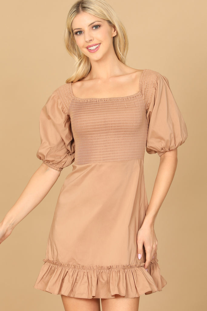 PUFF SLEEVE SMOCKED RUFFLE HEM SOLID DRESS